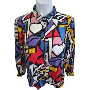 Big Dart Shirt Women's US 10 Colorful Art Blouse 80's Retro Button Up Abstract